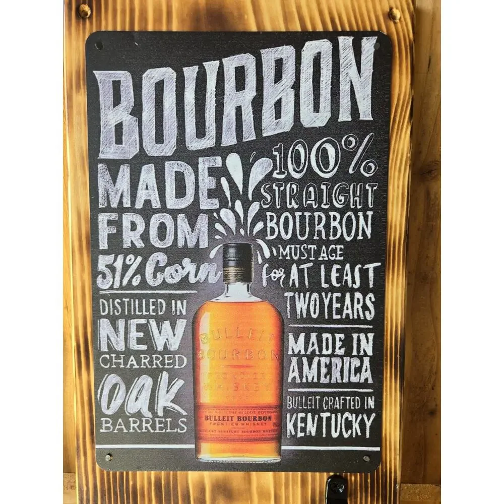 Bourbon Whiskey Sign Mounted on Solid Wood, w/ Hook & Bottle Opener Handmade